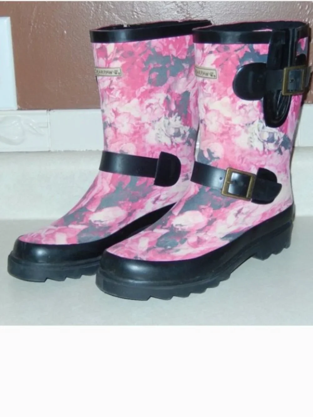 BearPaw Rain Boots Charlie Pink Gray Black Rubber Pull On Strap Buckle 6